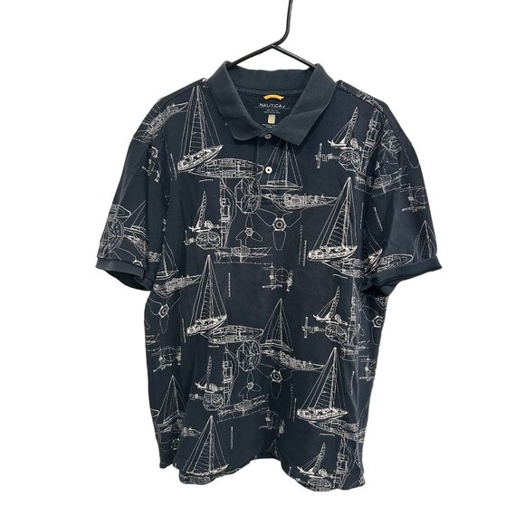 Nautica Mens Polo Shirt With Sailboat Blueprint Print Navy Sz XL - Picture 1 of 8